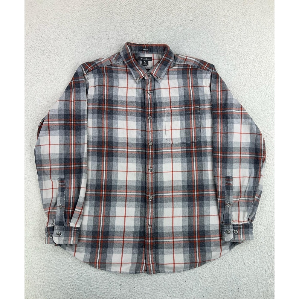 Eddie Bauer Shirt Mens Large Gray Plaid Flannel Button Up Long Sleeve Casual